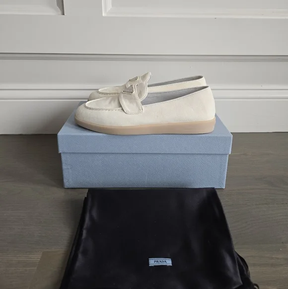 $1,190 Prada Triangle Logo Suede Loafers White EU 38 US 8 BNIB - Picture 7 of 13